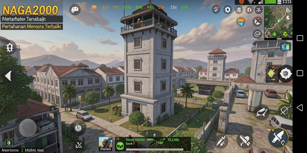 Tampilan menara dan musuh dalam gameplay Tower Defense NAGA2000.
